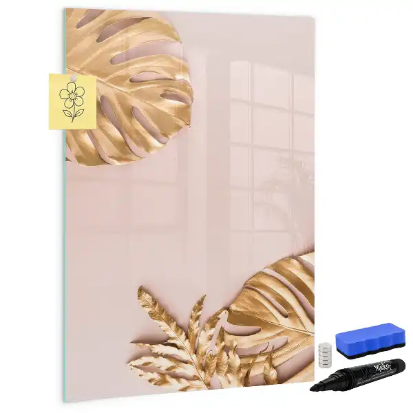 Pizarra magnética borrable de cristal con diseño de hojas doradas