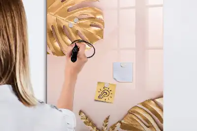 Pizarra magnética borrable de cristal con diseño de hojas doradas