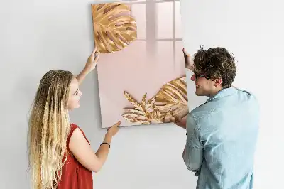 Pizarra magnética borrable de cristal con diseño de hojas doradas
