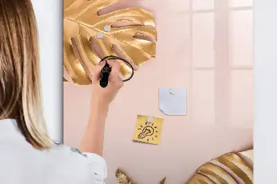 Pizarra magnética borrable de cristal con diseño de hojas doradas