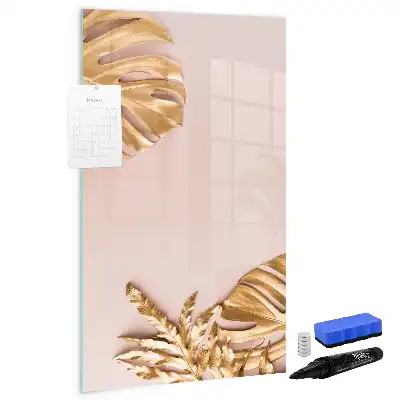 Pizarra magnética borrable de cristal con diseño de hojas doradas