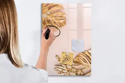 Pizarra magnética borrable de cristal con diseño de hojas doradas