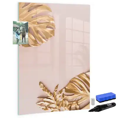 Pizarra magnética borrable de cristal con diseño de hojas doradas