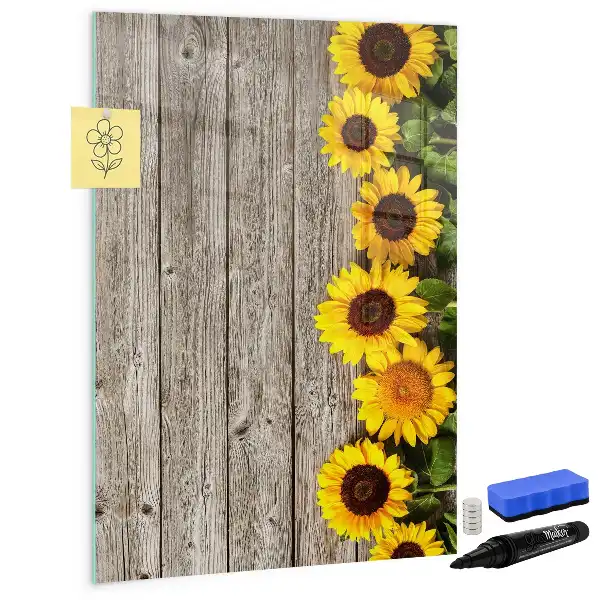 Pizarra magnética decorativa diseño de girasoles sobre madera con rotulador