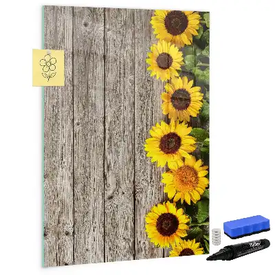 Pizarra magnética decorativa diseño de girasoles sobre madera con rotulador
