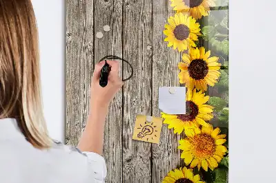 Pizarra magnética decorativa diseño de girasoles sobre madera con rotulador