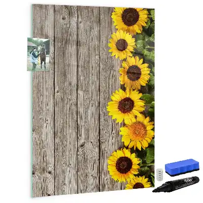 Pizarra magnética decorativa diseño de girasoles sobre madera con rotulador