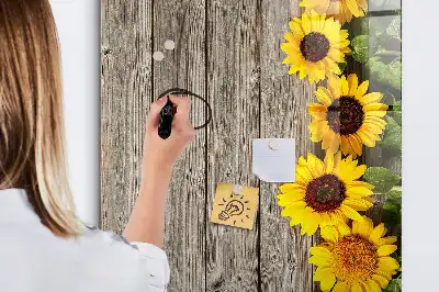 Pizarra magnética decorativa diseño de girasoles sobre madera con rotulador