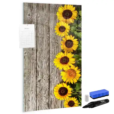 Pizarra magnética decorativa diseño de girasoles sobre madera con rotulador