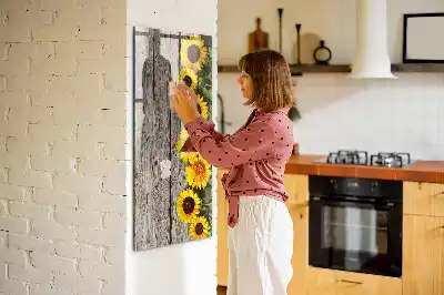 Pizarra magnética decorativa diseño de girasoles sobre madera con rotulador