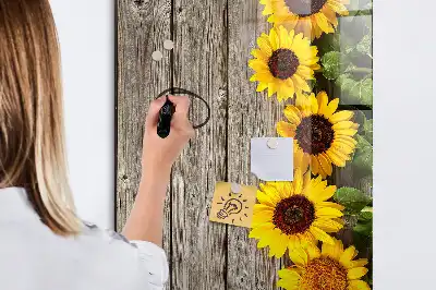 Pizarra magnética decorativa diseño de girasoles sobre madera con rotulador