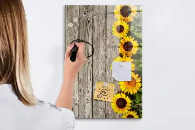 Pizarra magnética decorativa diseño de girasoles sobre madera con rotulador