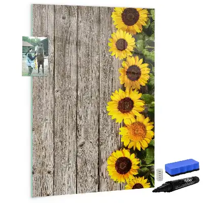 Pizarra magnética decorativa diseño de girasoles sobre madera con rotulador