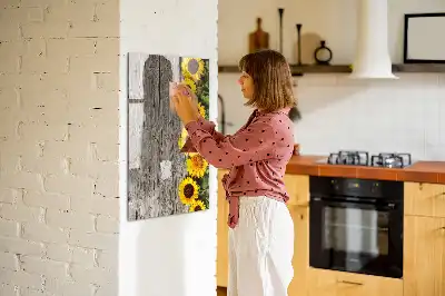 Pizarra magnética decorativa diseño de girasoles sobre madera con rotulador