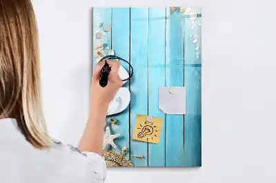 Pizarra magnética decorativa con rotulador diseño de tablas azules en la playa
