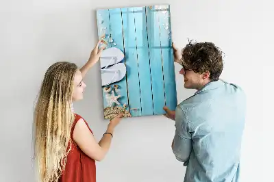 Pizarra magnética decorativa con rotulador diseño de tablas azules en la playa