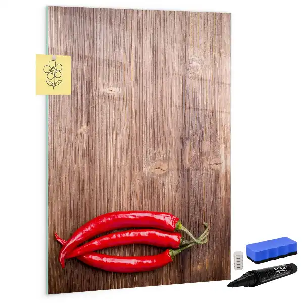 Pizarra magnética de cristal borrable con diseño de chiles sobre tabla de madera