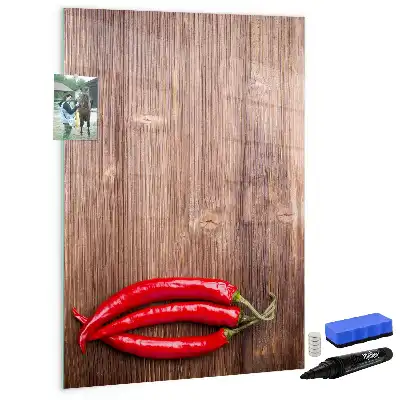 Pizarra magnética de cristal borrable con diseño de chiles sobre tabla de madera
