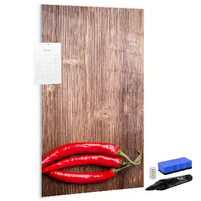 Pizarra magnética de cristal borrable con diseño de chiles sobre tabla de madera