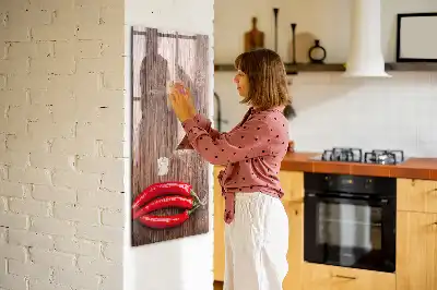 Pizarra magnética de cristal borrable con diseño de chiles sobre tabla de madera