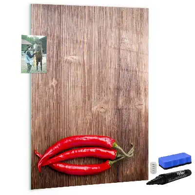 Pizarra magnética de cristal borrable con diseño de chiles sobre tabla de madera