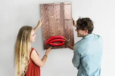 Pizarra magnética de cristal borrable con diseño de chiles sobre tabla de madera