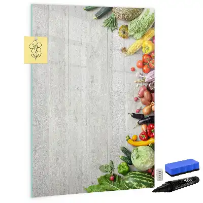 Pizarra magnética de cristal borrable con diseño de verduras sobre madera