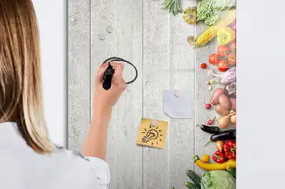 Pizarra magnética de cristal borrable con diseño de verduras sobre madera