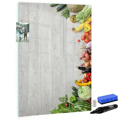 Pizarra magnética de cristal borrable con diseño de verduras sobre madera