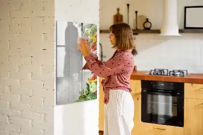 Pizarra magnética de cristal borrable con diseño de verduras sobre madera