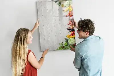 Pizarra magnética de cristal borrable con diseño de verduras sobre madera