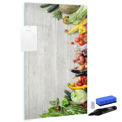 Pizarra magnética de cristal borrable con diseño de verduras sobre madera