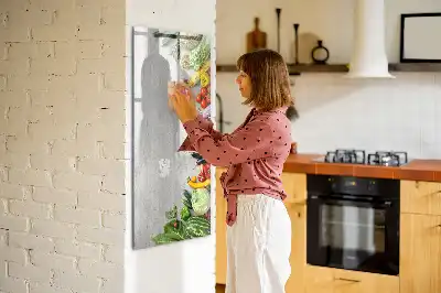 Pizarra magnética de cristal borrable con diseño de verduras sobre madera