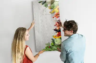Pizarra magnética de cristal borrable con diseño de verduras sobre madera