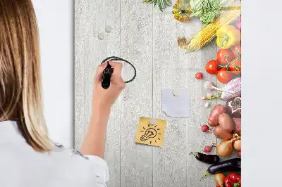 Pizarra magnética de cristal borrable con diseño de verduras sobre madera