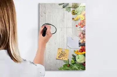 Pizarra magnética de cristal borrable con diseño de verduras sobre madera