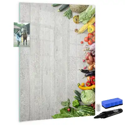 Pizarra magnética de cristal borrable con diseño de verduras sobre madera