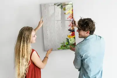 Pizarra magnética de cristal borrable con diseño de verduras sobre madera