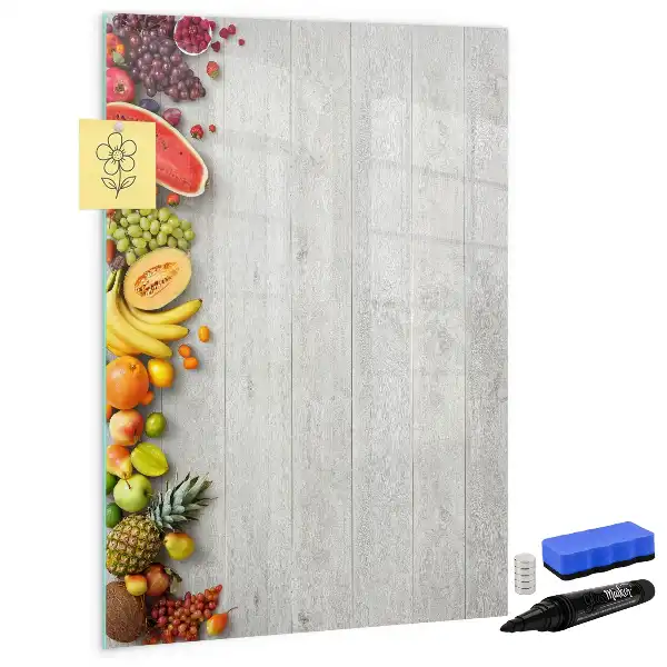 Pizarra magnética decorativa con diseño de verduras sobre madera y rotulador