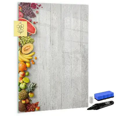 Pizarra magnética decorativa con diseño de verduras sobre madera y rotulador