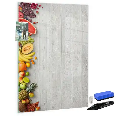 Pizarra magnética decorativa con diseño de verduras sobre madera y rotulador