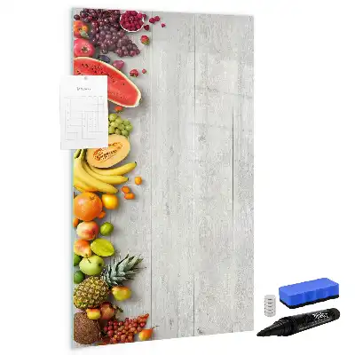 Pizarra magnética decorativa con diseño de verduras sobre madera y rotulador
