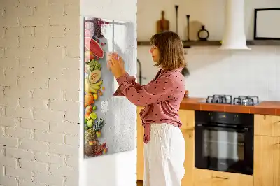 Pizarra magnética decorativa con diseño de verduras sobre madera y rotulador