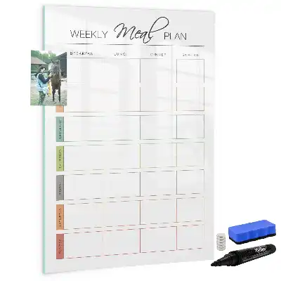 Pizarra magnética borrable de cristal con diseño de menú semanal