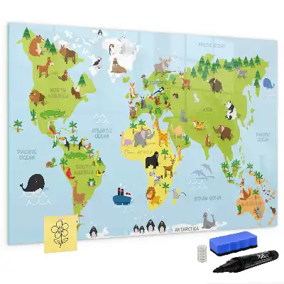 Mapa del mundo con animales pizarra magnética de pared con rotulador