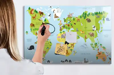 Mapa del mundo con animales pizarra magnética de pared con rotulador