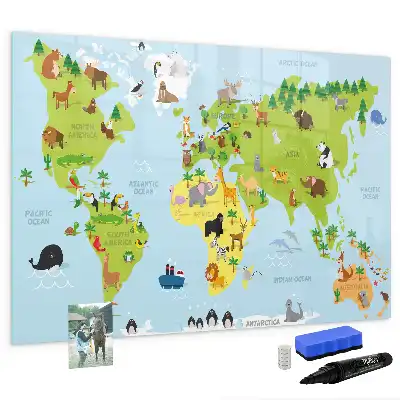 Mapa del mundo con animales pizarra magnética de pared con rotulador