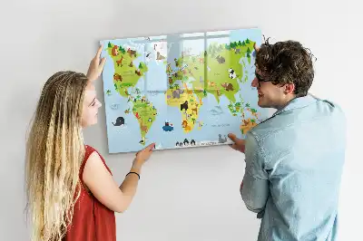 Mapa del mundo con animales pizarra magnética de pared con rotulador