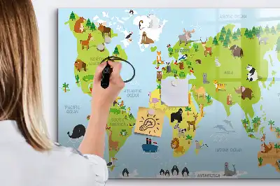 Mapa del mundo con animales pizarra magnética de pared con rotulador