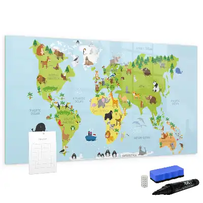 Mapa del mundo con animales pizarra magnética de pared con rotulador